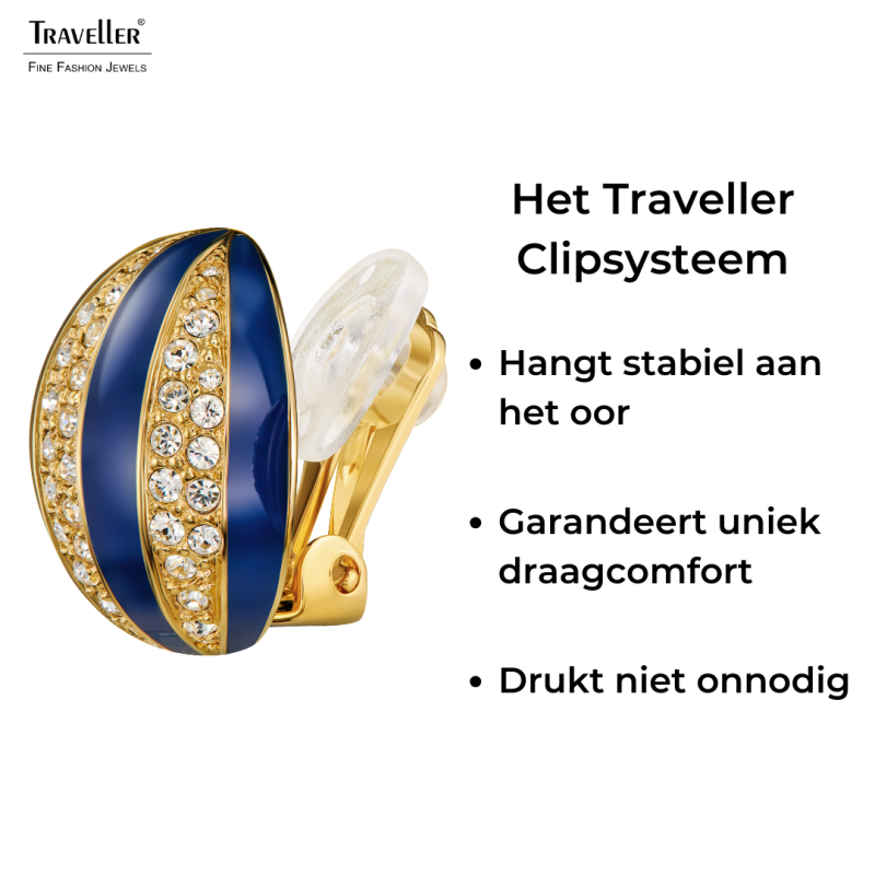 Traveller Clip Oorbellen - 22kt Verguld - Kristal - Blauw Email - Bolvormig - Ø 20mm - 157636