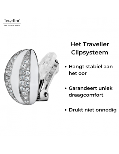 Traveller Clip Oorbellen - Zilverkleurig - Kristal - Wit Email - Bolvormig - Geplatineerd - Ø 20mm