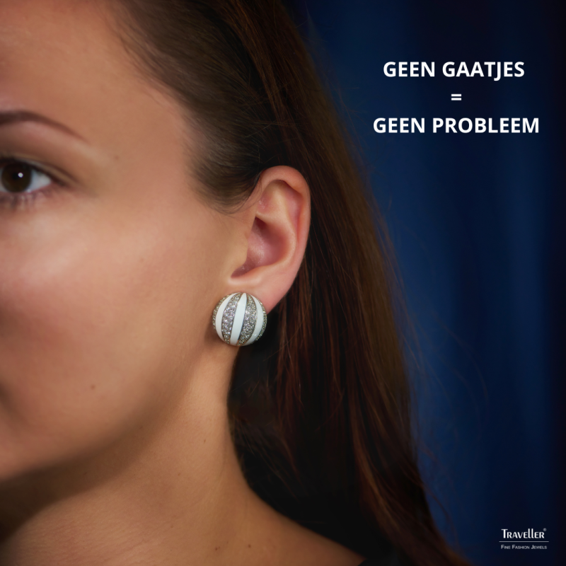 Traveller Clip Oorbellen - Zilverkleurig - Kristal - Wit Email - Bolvormig - Geplatineerd - Ø 20mm