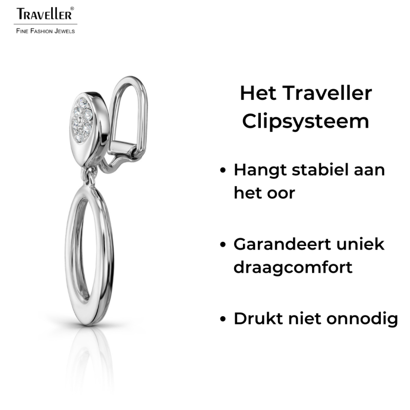 Traveller Clip Oorbellen - Hangers - Zilverkleurig - Kristal - Ovaal - Geplatineerd - 32x12 mm - 157643