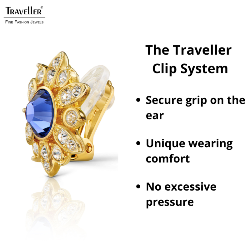 Traveller Clip-on Earrings - 22ct Gold plated - Crystals - Blue Violet - Flower-shaped - 15x16 mm