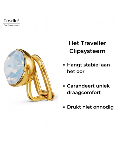 Traveller Clip Oorbellen - 22kt Verguld - Kristal - Wit Opaal - Rond - Ø 9mm - 157662