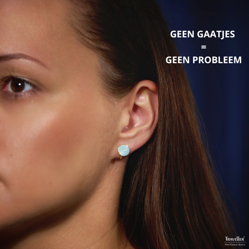 Traveller Clip Oorbellen - 22kt Verguld - Kristal - Wit Opaal - Rond - Ø 9mm