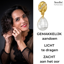 Traveller Clip Oorbellen - Hangers - Verguld - Barok Parel - Wit - Kristallen - 23x8 mm - 114254
