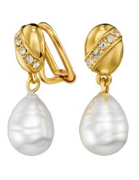 Traveller Clip-on Earrings - Gold Coloured - Baroque Pearl - White - Preciosa...
