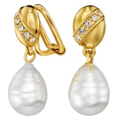 Traveller Clip-on Earrings - Gold Plated - Baroque Pearl - White - Crystals - 23x8 mm