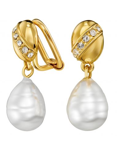 Traveller Clip-on Earrings - Gold Coloured - Baroque Pearl - White - Preciosa Crystals - Gold plated - 23x8 mm - 114254