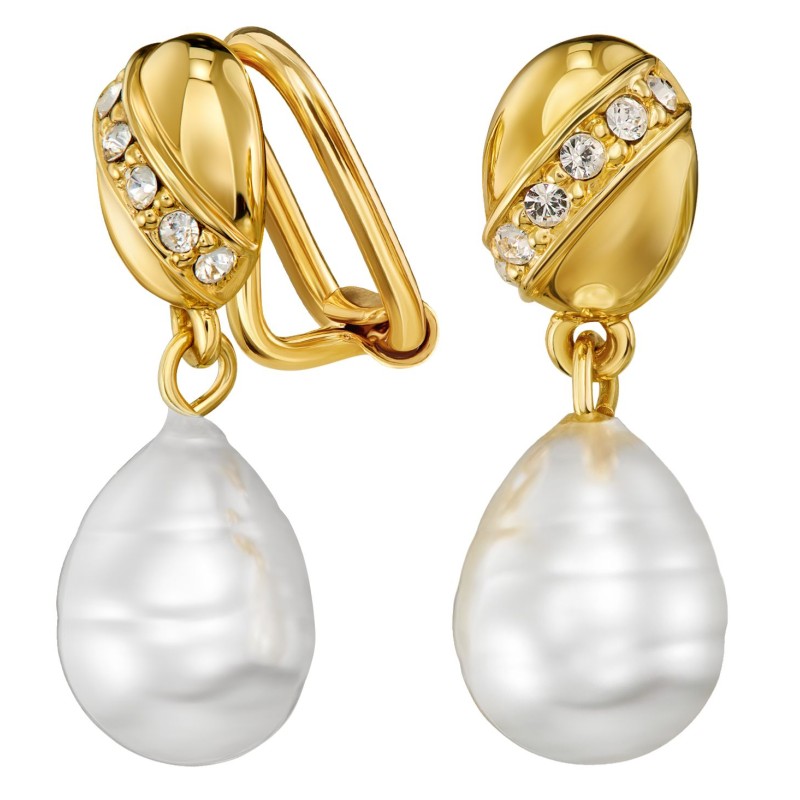 Traveller Ohrclip - Hänger - Vergoldet - Barock Perle - Weiss - Kristalle - 23x8 mm - 114254
