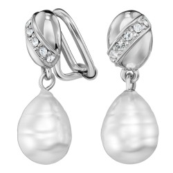 Traveller Clip Oorbellen - Hangers - Zilverkleurig - Barok Parel - Wit - Kristallen - Geplatineerd - 23x8 mm - 114255