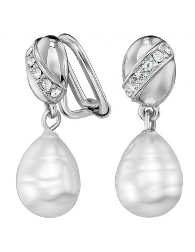 Traveller Clip-on Earrings - Silver colour - Baroque Pearl - White - Preciosa Crystals - Platinum plated -23x8mm- 114255