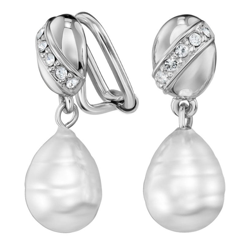 Traveller Ohrclips - Hänger - Silberfarben - Barock Perle - Weiss - Kristalle - Platiniert - 23x8 mm - 114255