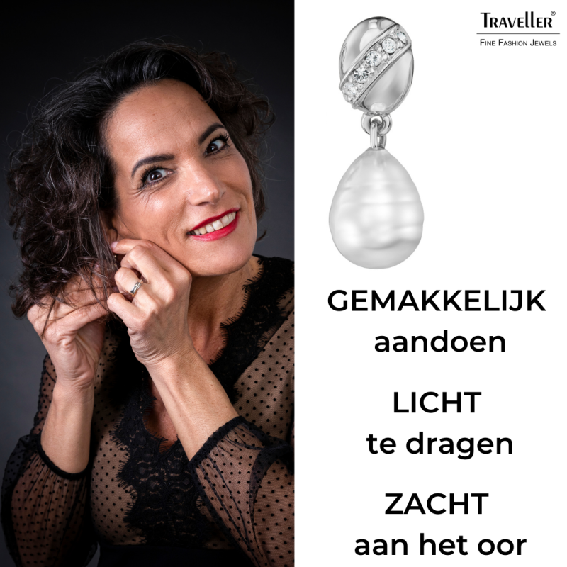 Traveller Clip Oorbellen - Hangers - Zilverkleurig - Barok Parel - Wit - Kristallen - Geplatineerd - 23x8 mm - 114255