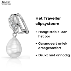 Traveller Clip Oorbellen - Hangers - Zilverkleurig - Barok Parel - Wit - Kristallen - Geplatineerd - 23x8 mm