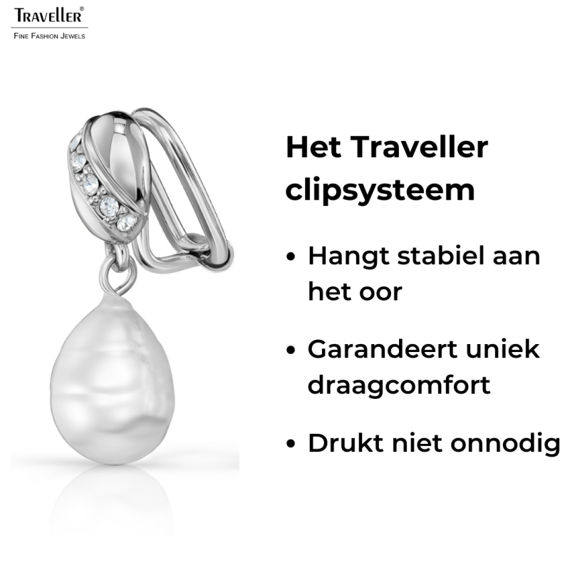 Traveller Clip Oorbellen - Hangers - Zilverkleurig - Barok Parel - Wit - Kristallen - Geplatineerd - 23x8 mm