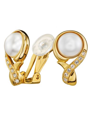 Traveller Clip-on Earrings - Gold coloured - Pearls - 10mm - White - Preciosa Crystals - Gold Plated - 21x13mm - 114265