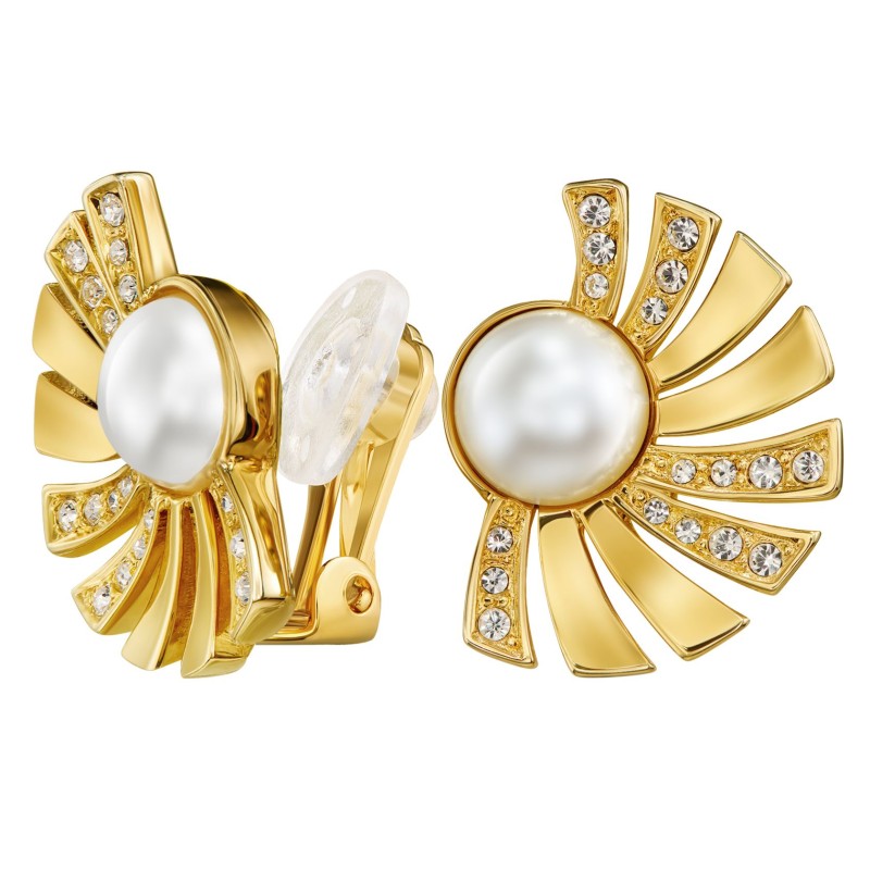 Traveller Clip Oorbellen - Verguld - Parels - 8mm - Wit - Kristallen - Halve Zon - 20x15 mm - 114267