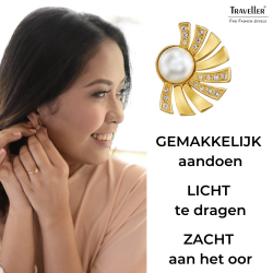 Traveller Clip Oorbellen - Verguld - Parels - 8mm - Wit - Kristallen - Halve Zon - 20x15 mm - 114267
