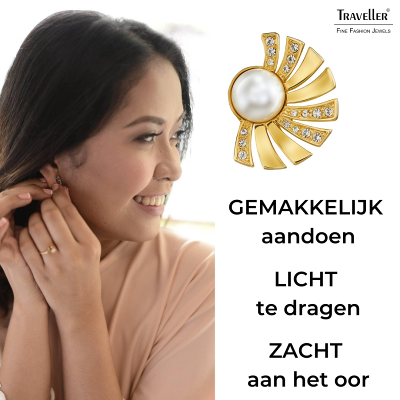 Traveller Clip Oorbellen - Verguld - Parels - 8mm - Wit - Kristallen - Halve Zon - 20x15 mm - 114267