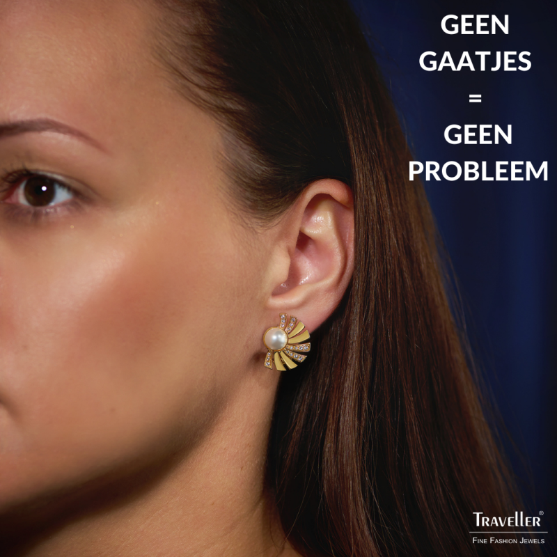 Traveller Clip Oorbellen - Verguld - Parels - 8mm - Wit - Kristallen - Halve Zon - 20x15 mm - 114267