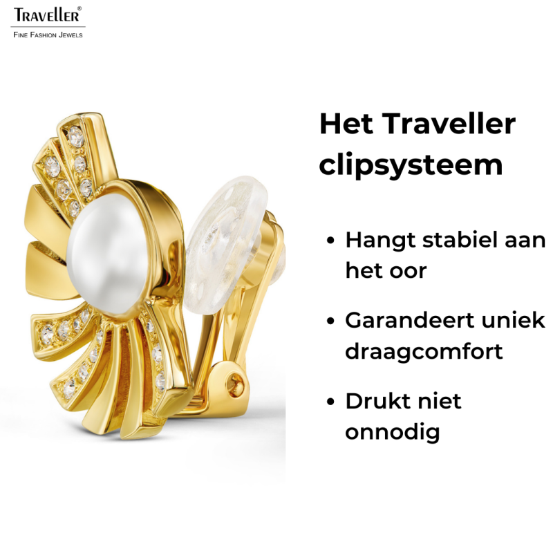 Traveller Clip Oorbellen - Verguld - Parels - 8mm - Wit - Kristallen - Halve Zon - 20x15 mm - 114267