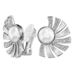 Traveller Clip Oorbellen - Zilverkleurig - Parels - 8mm - Wit - Kristal - Geplatineerd - Halve Zon - 20x15 mm - 114268