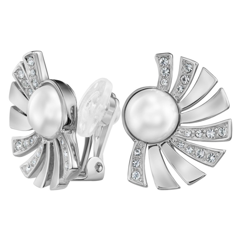 Traveller Clip-on Earrings - Platinum Plated - Pearls - 8mm - White - Crystals - Half Sun - 20x15mm - 114268