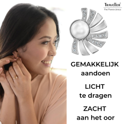 Traveller Clip Oorbellen - Zilverkleurig - Parels - 8mm - Wit - Kristal - Geplatineerd - Halve Zon - 20x15 mm