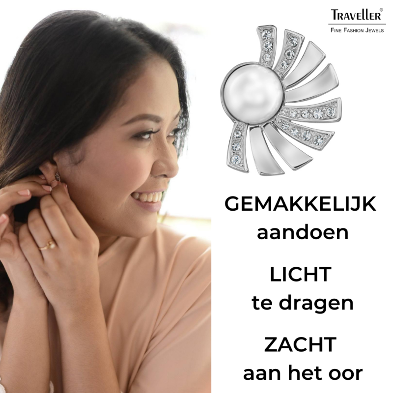 Traveller Clip Oorbellen - Zilverkleurig - Parels - 8mm - Wit - Kristal - Geplatineerd - Halve Zon - 20x15 mm - 114268