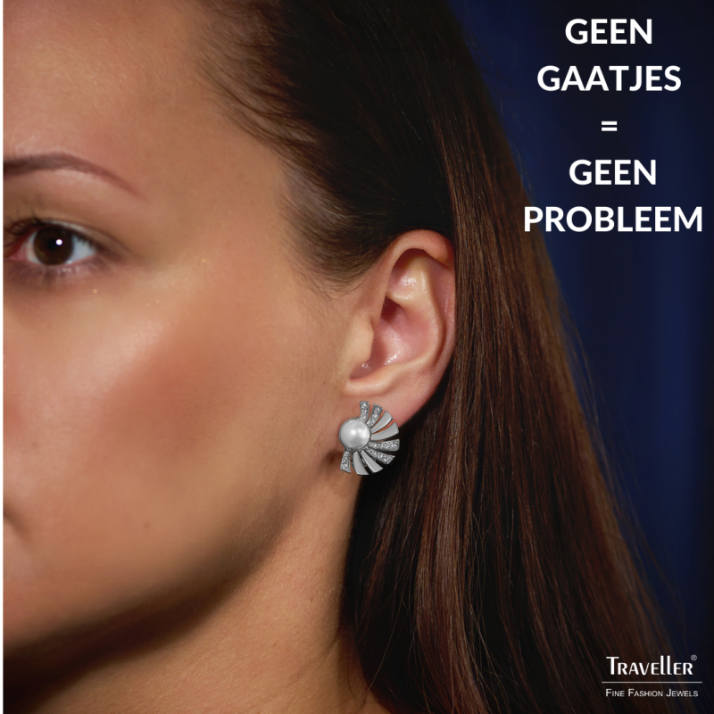 Traveller Clip Oorbellen - Zilverkleurig - Parels - 8mm - Wit - Kristal - Geplatineerd - Halve Zon - 20x15 mm