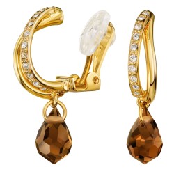 Traveller Clip-on Earrings - Drop Earring - Gold coloured - Crystals - Brown/ Topaz - Gold Plated - 30x5 mm - 157569