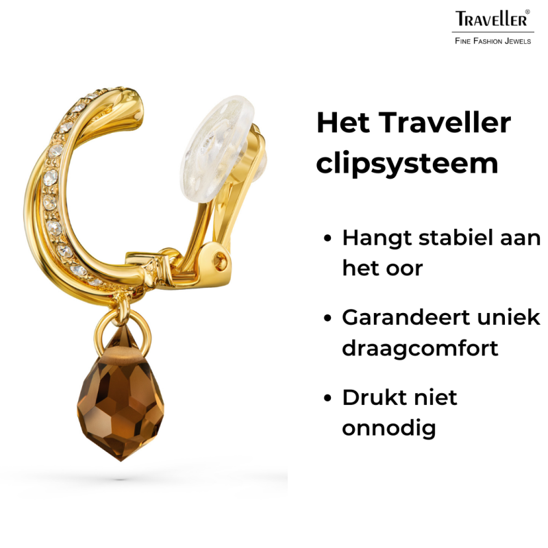 Traveller Clip Oorbellen - Hangers - Goudkleurig - Kristal - Bruin/ Topaz - Verguld - 30x5 mm - 157569
