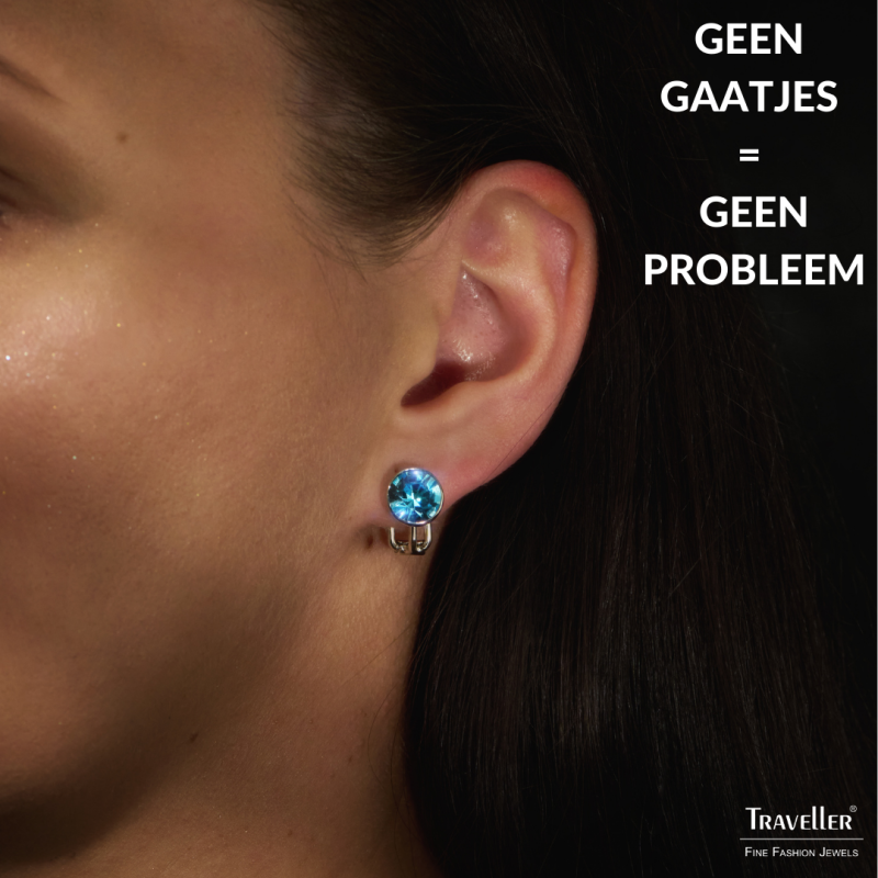 Traveller Clip Oorbellen - Zilverkleurig - Kristal - Blauw Aquamarine - Geplatineerd - 10mm