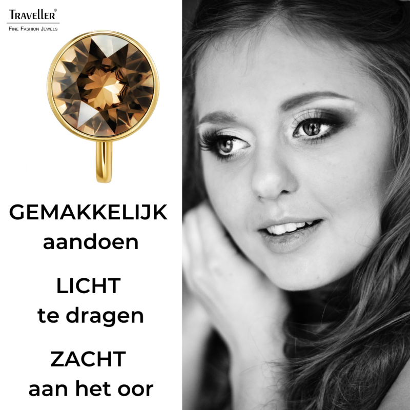 Traveller Clip Oorbellen - Verguld - Kristal - Bruin / Golden Shadow - 10 mm