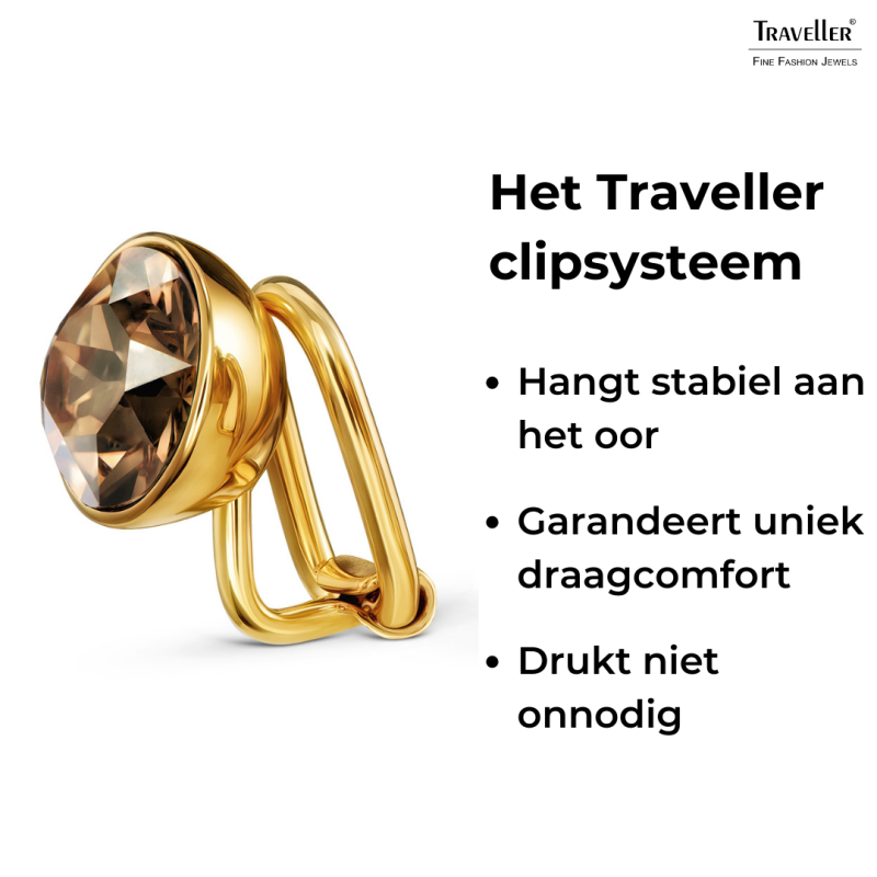 Traveller Clip Oorbellen - Verguld - Kristal - Bruin / Golden Shadow - 10 mm