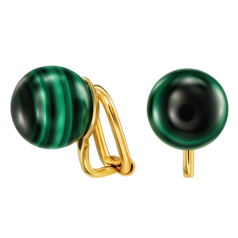 Traveller Ohrclips - 22kt Vergoldet - Echter Malachit - 10 mm - Grün - Einzigartig - 112501