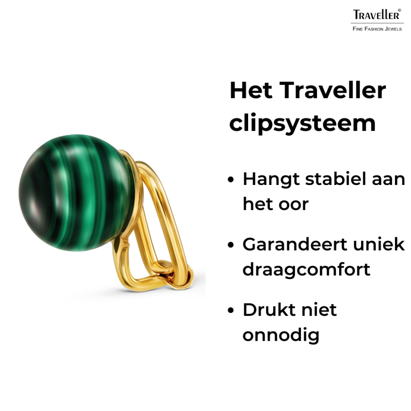 Traveller Clip Oorbellen - 22kt Verguld - Echt Malachiet - 10 mm - Groen - Uniek - 112501