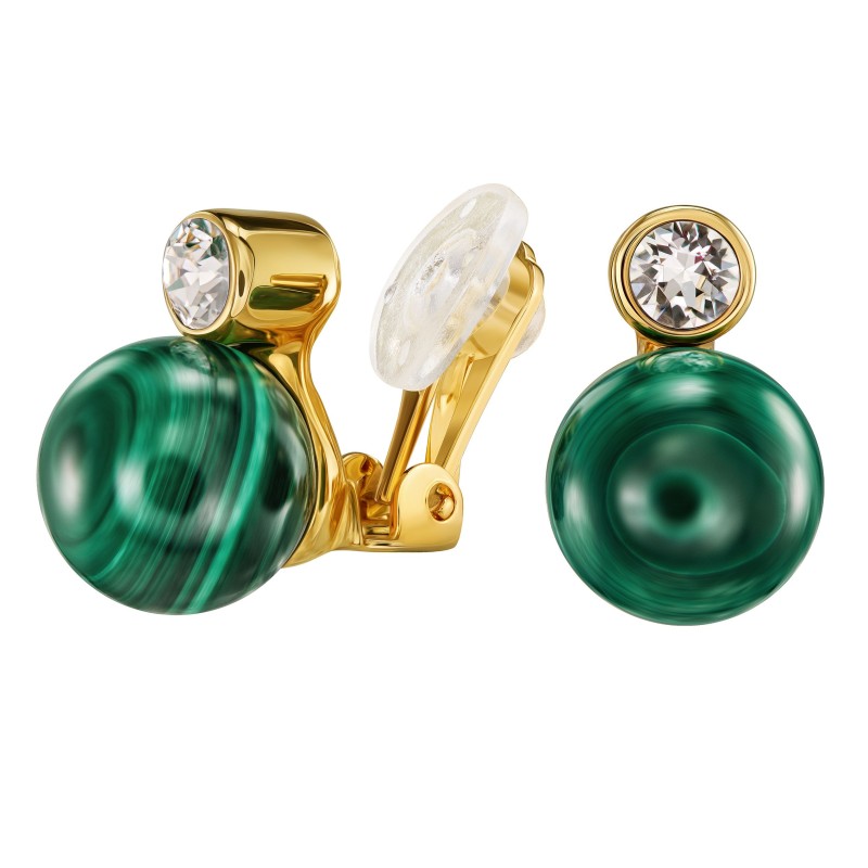 Traveller Ohrclip - 22kt Vergoldet - Kristalle - Echter Malachit - 10 mm - Grün - einzigartig - 112502
