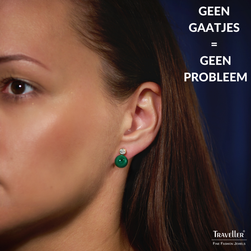 Traveller Clip Oorbellen - 22kt Verguld - Kristal - Echt Malachiet - 10 mm - Groen - Uniek - 112502