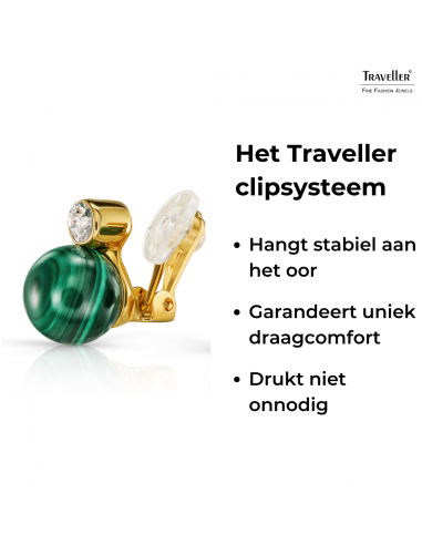 Traveller Clip Oorbellen - 22kt Verguld - Kristal - Echt Malachiet - 10 mm - Groen - Uniek