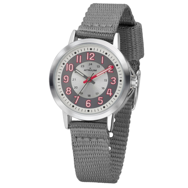 ATRIUM Horloge - Kinderen - Jongens - Grijs & Zilver - Analoog - 3 Bar - Leercijferblad - Nylonband - A46-10