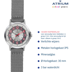 ATRIUM Horloge - Kinderen - Jongens - Grijs & Zilver - Analoog - 3 Bar - Leercijferblad - Nylonband - A46-10