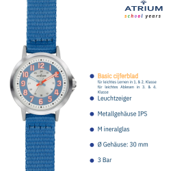 ATRIUM Kinderhorloge - Jongens / Meisjes - Blauw & Zilver - Analoog - 3 Bar - Leercijferblad