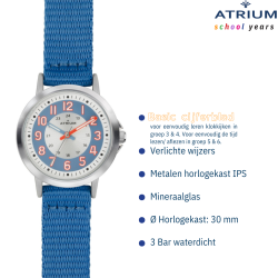 ATRIUM Kinderhorloge - Jongens / Meisjes - Blauw & Zilver - Analoog - 3 Bar - Leercijferblad - Nylonband
