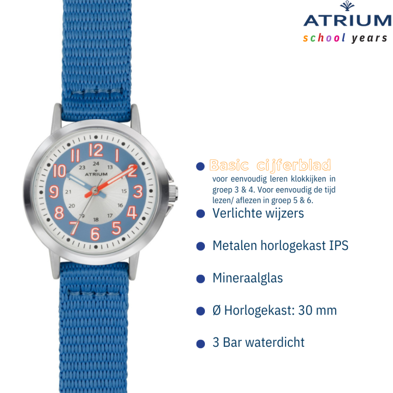 ATRIUM Kinderhorloge - Jongens / Meisjes - Blauw & Zilver - Analoog - 3 Bar - Leercijferblad - Nylonband