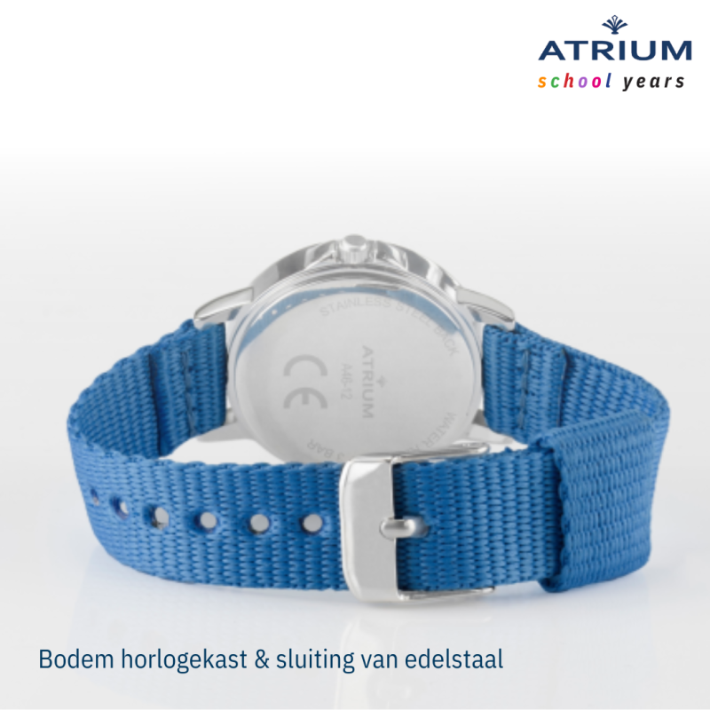 ATRIUM Kinderhorloge - Jongens / Meisjes - Blauw & Zilver - Analoog - 3 Bar - Leercijferblad