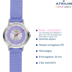 ATRIUM Horloge - Kinderen - Meisjes - Lila & Zilver - Analoog - 3 Bar - Leercijferblad - Nylonband - A46-18