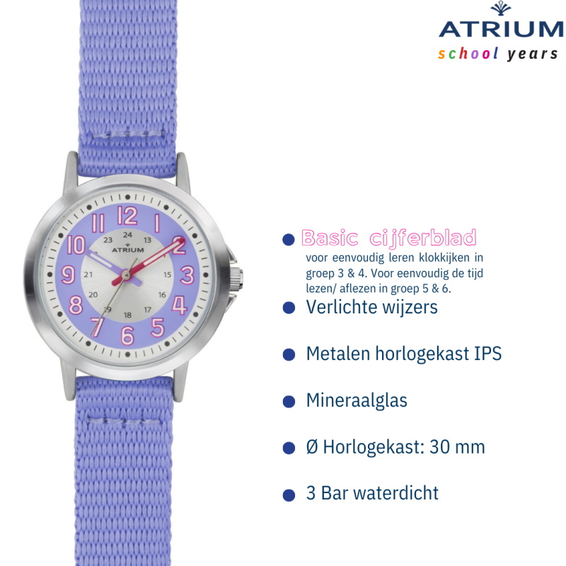 ATRIUM Horloge - Kinderen - Meisjes - Lila & Zilver - Analoog - 3 Bar - Leercijferblad - Nylonband - A46-18
