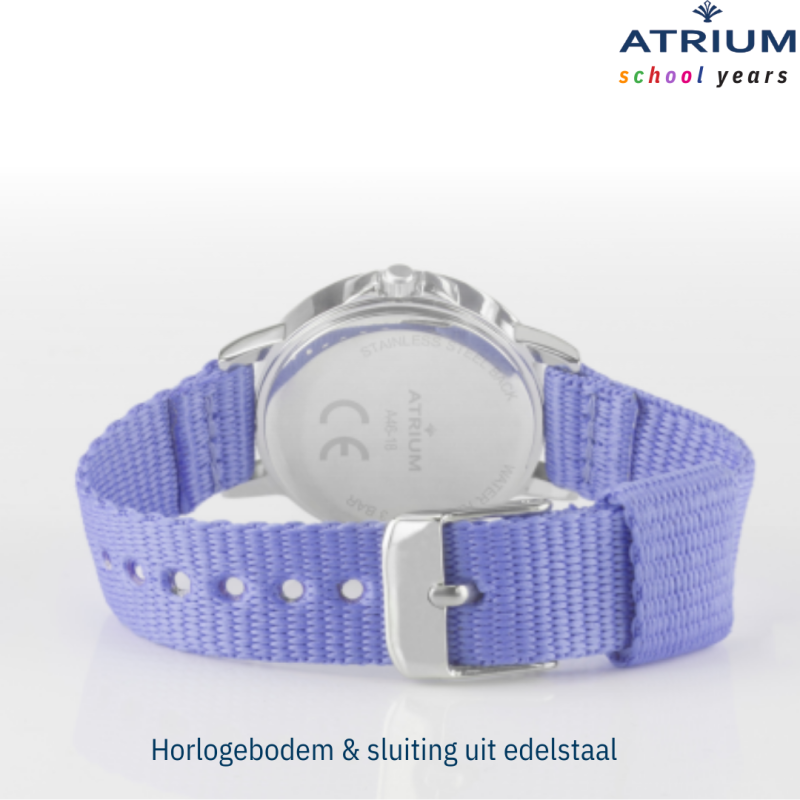 ATRIUM Horloge - Kinderen - Meisjes - Lila & Zilver - Analoog - 3 Bar - Leercijferblad - Nylonband - A46-18