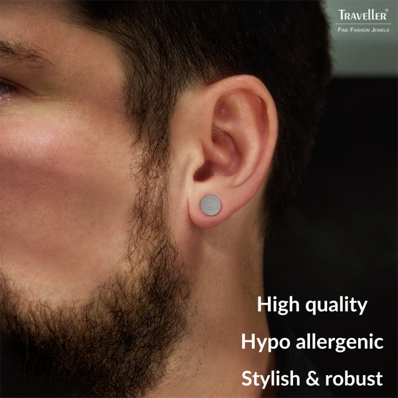 Traveller Stud Earrings - Men - Stainless Steel - Silver Coloured - Matt - Round - 8 mm