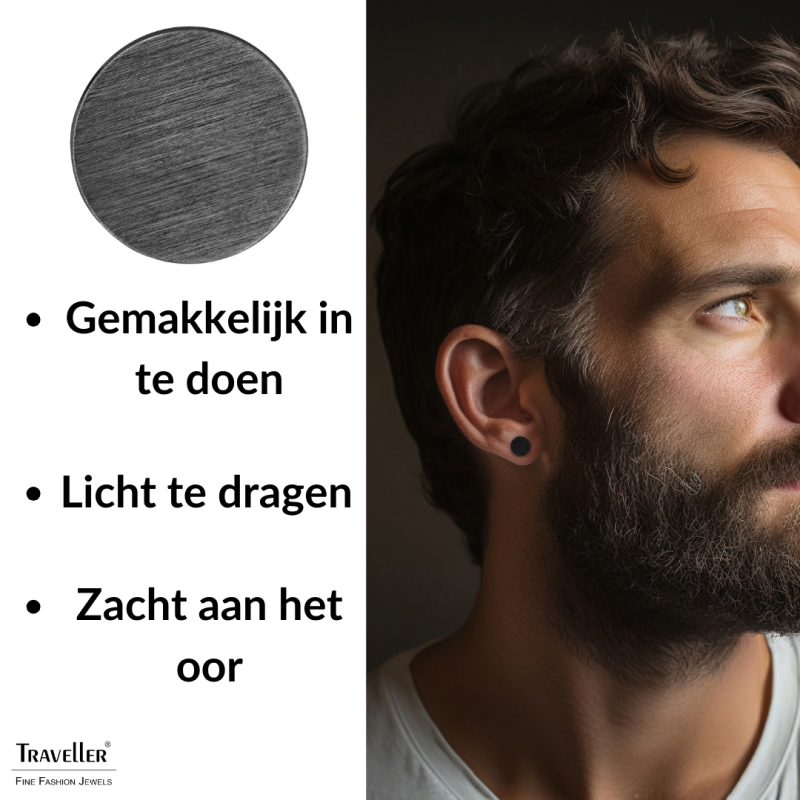 Traveller Oorstekers - Heren - Edelstaal - Zwart PVD - Mat - Rond - 8 mm - 181247